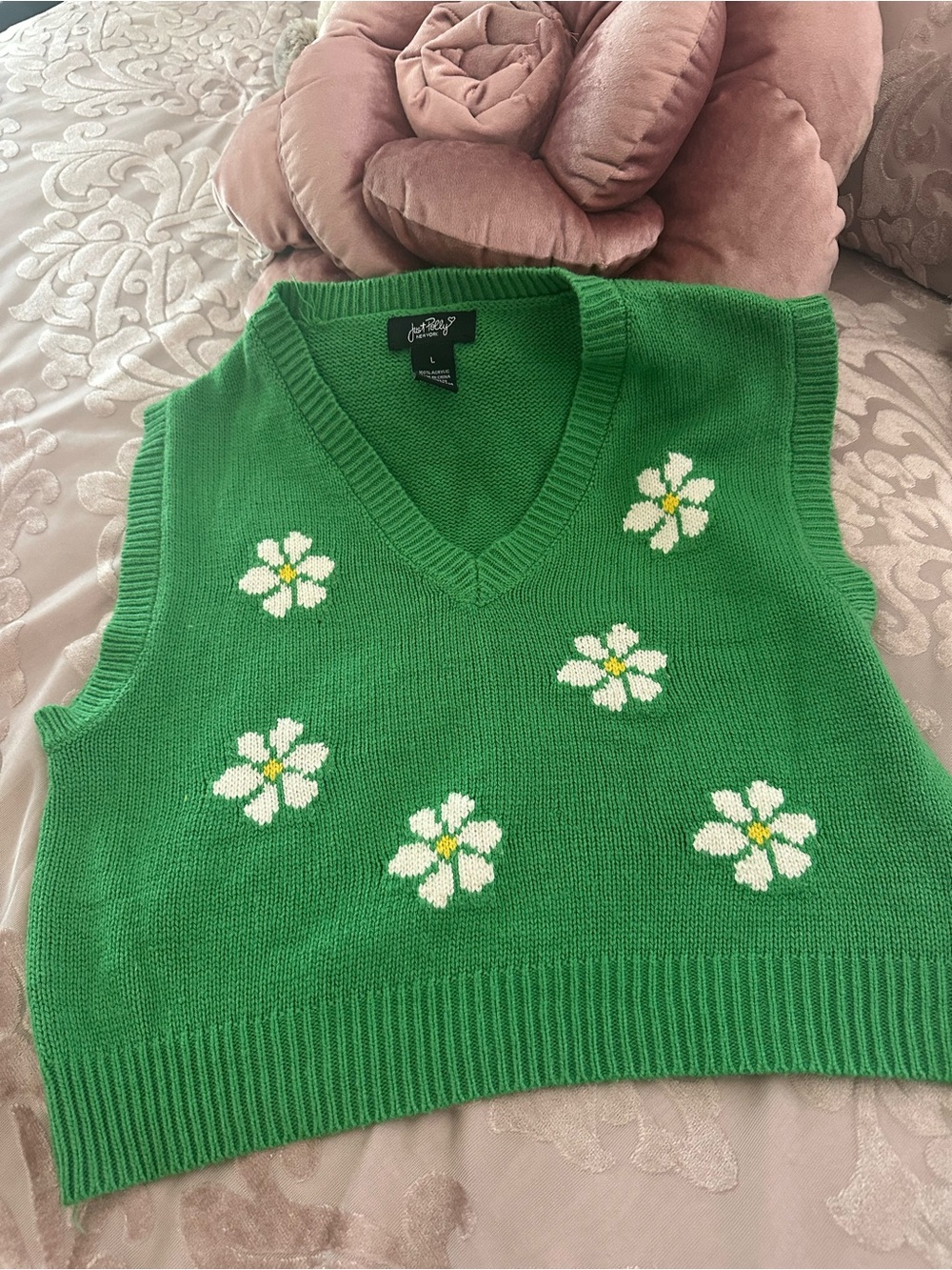 Just Polly Green Floral Knit Sweater Vest Size Large